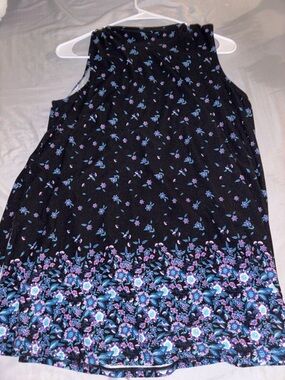 Pink Rose Black Floral Border Top with Blue and Purple Accents